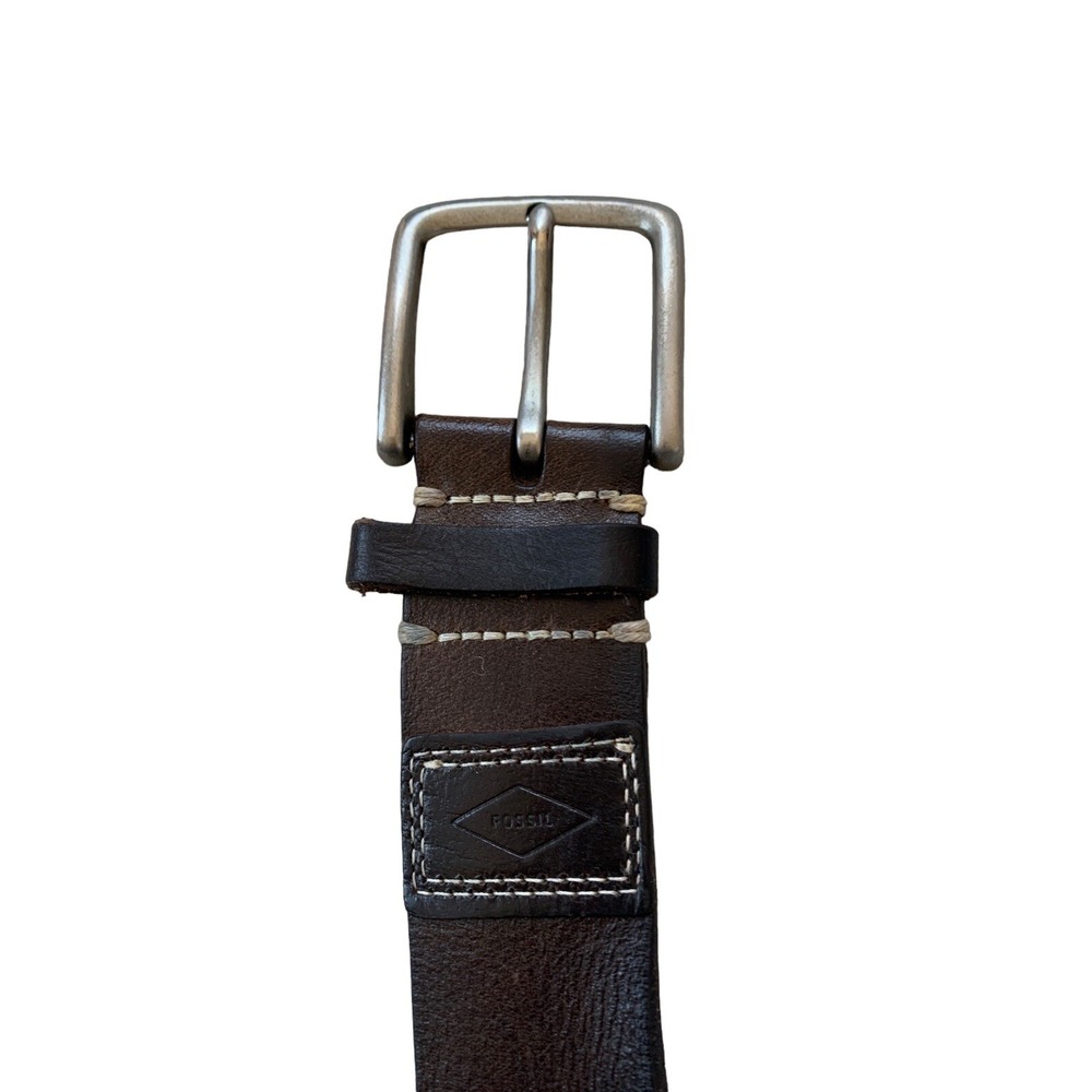 Fossil Men Size 40 Brown Genuine Leather Belt Brushed Silver Buckle